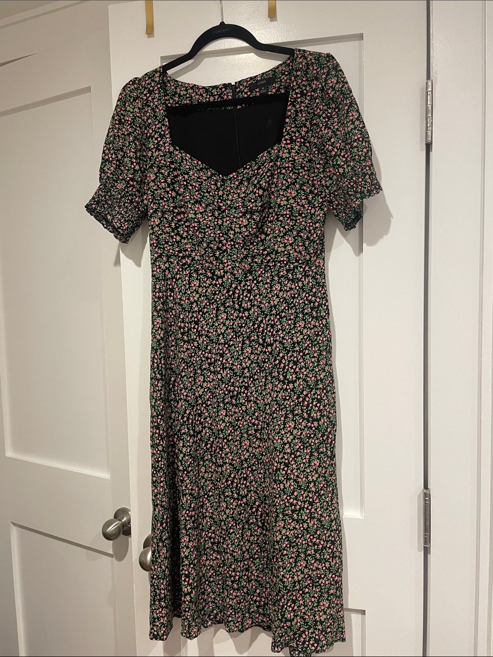 J crew, fully lined, Black Floral Midi Dress with Pink Accents